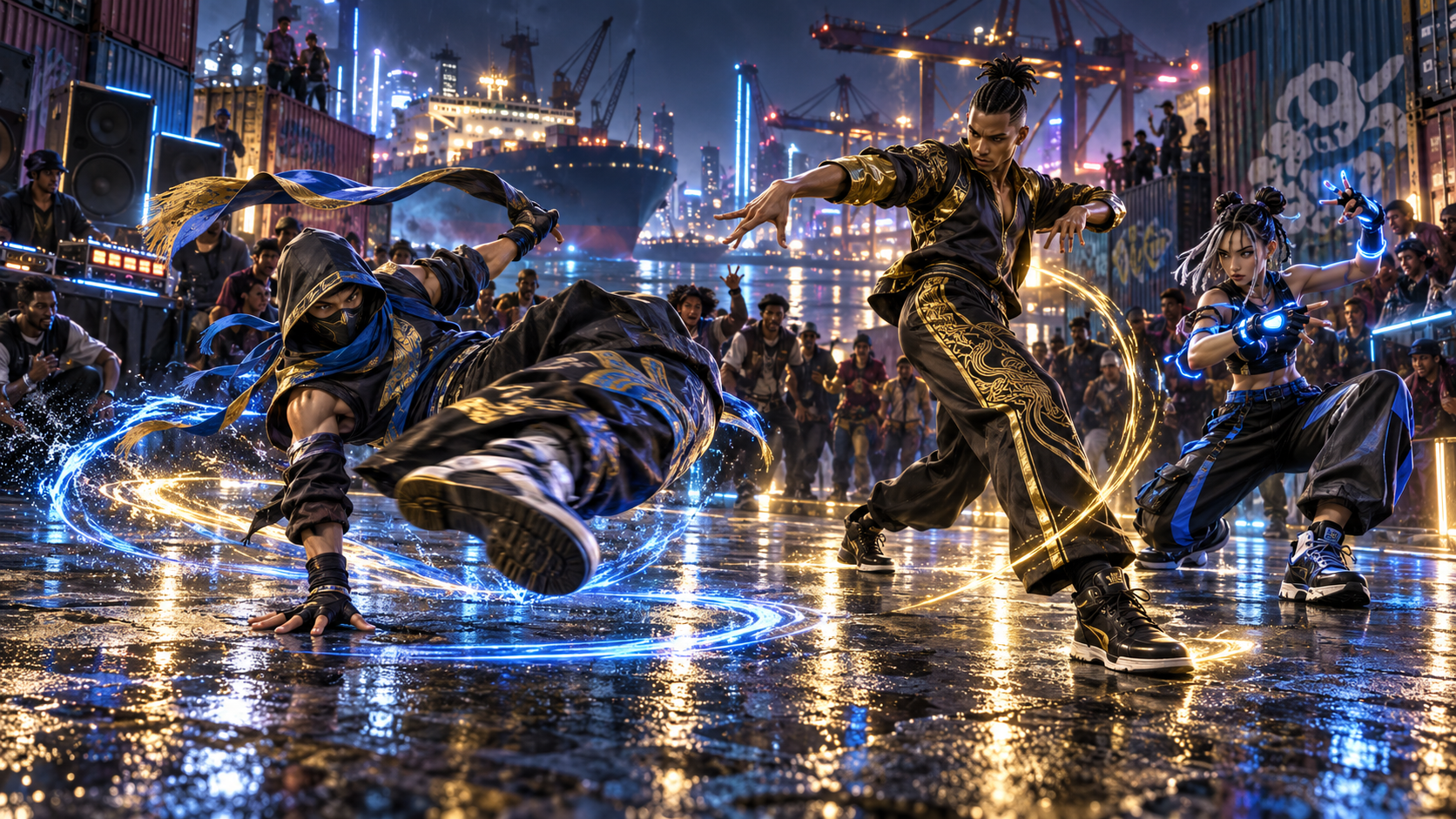 Original Lux Street Cipher crew battling through dance and martial arts movement in a neon harbor arena